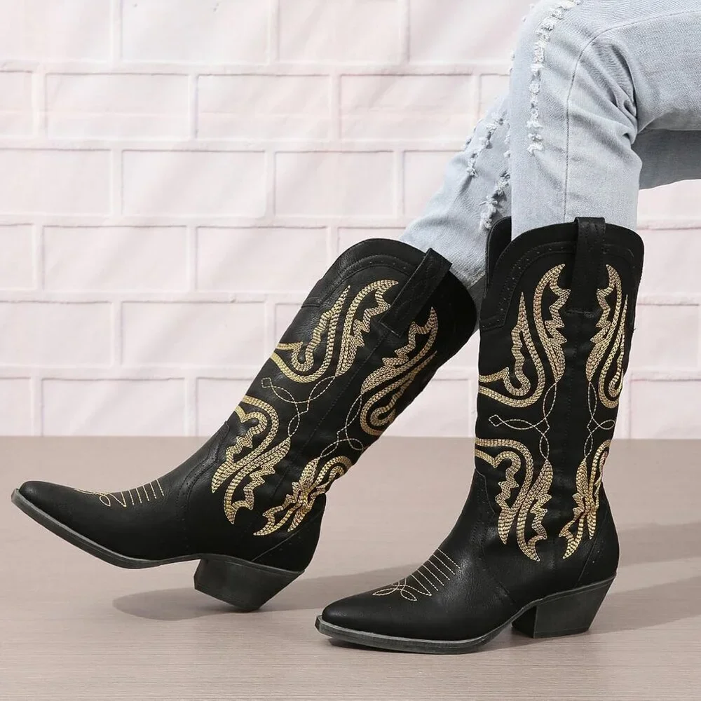 Women's Black Cowgirl Mid Calf Embroidered Block Heel Boots Brown Red Black US5